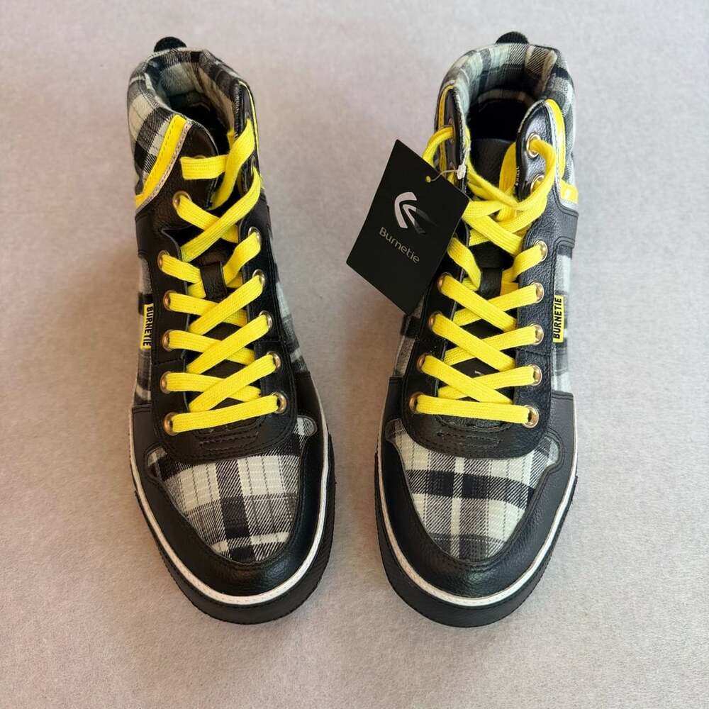 Burnetie Men’s High Top Sneakers Size 11 Black Plaid Yellow Leather NWT